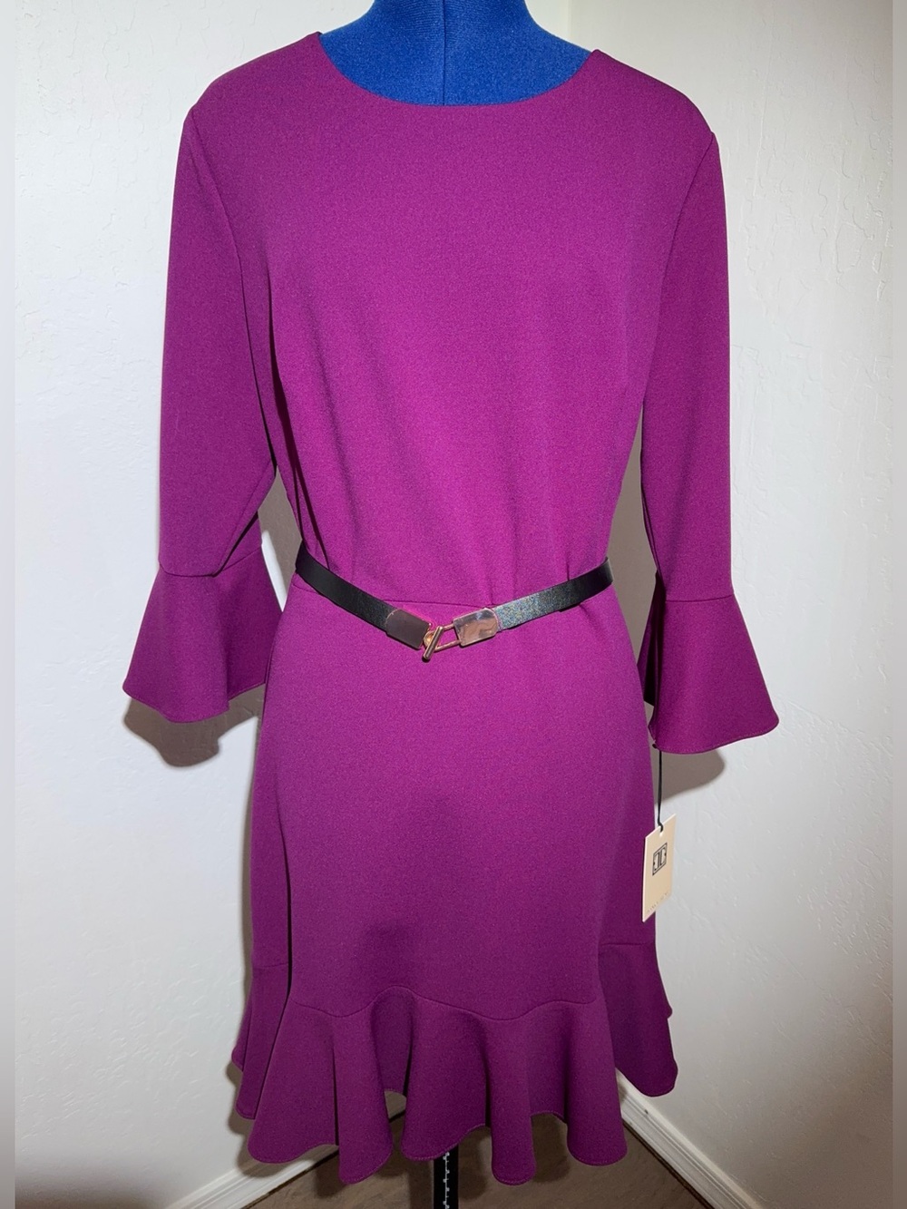 Ivanka Trump Magenta Ruffle-Hem Dress with Black Belt